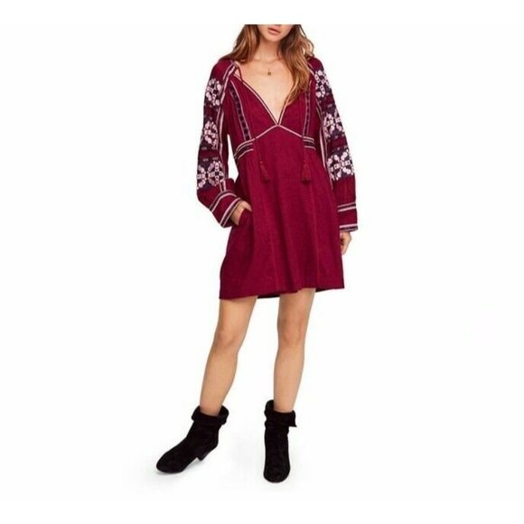 Free People Dresses & Skirts - FREE PEOPLE Womens Size XS Wine Purple All My Life Embroidered Mini Dress Boho